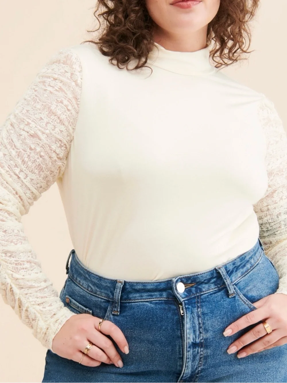 by Anthropologie Cream Lace-Sleeve Turtleneck Top